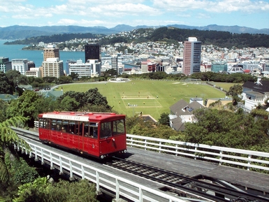 A Wellington Cable Car ascends to Kelburn and the Botanical Gardens which overlook the CBD and Wellington Harbour